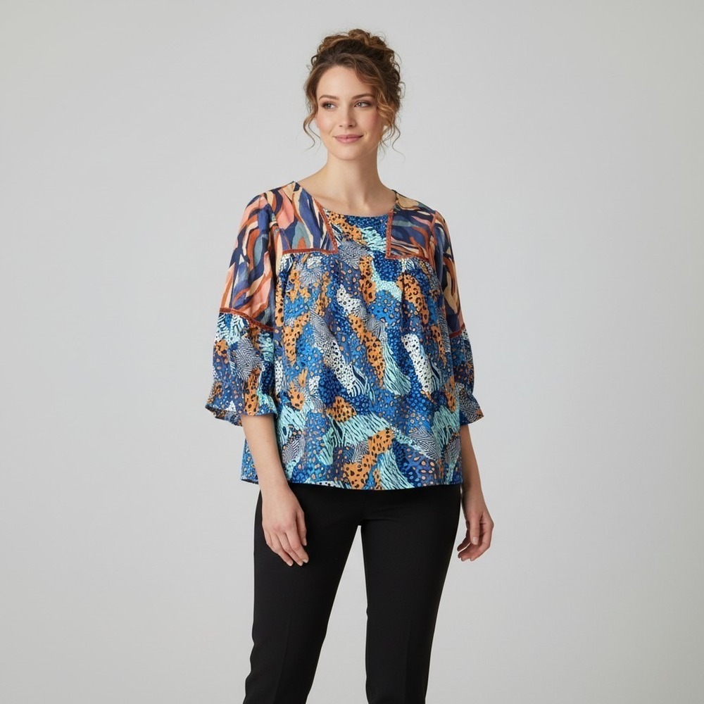 Umgee Mixed Animal Print Peplum Blouse S Velvet Trim Whimsigoth Boho Festival